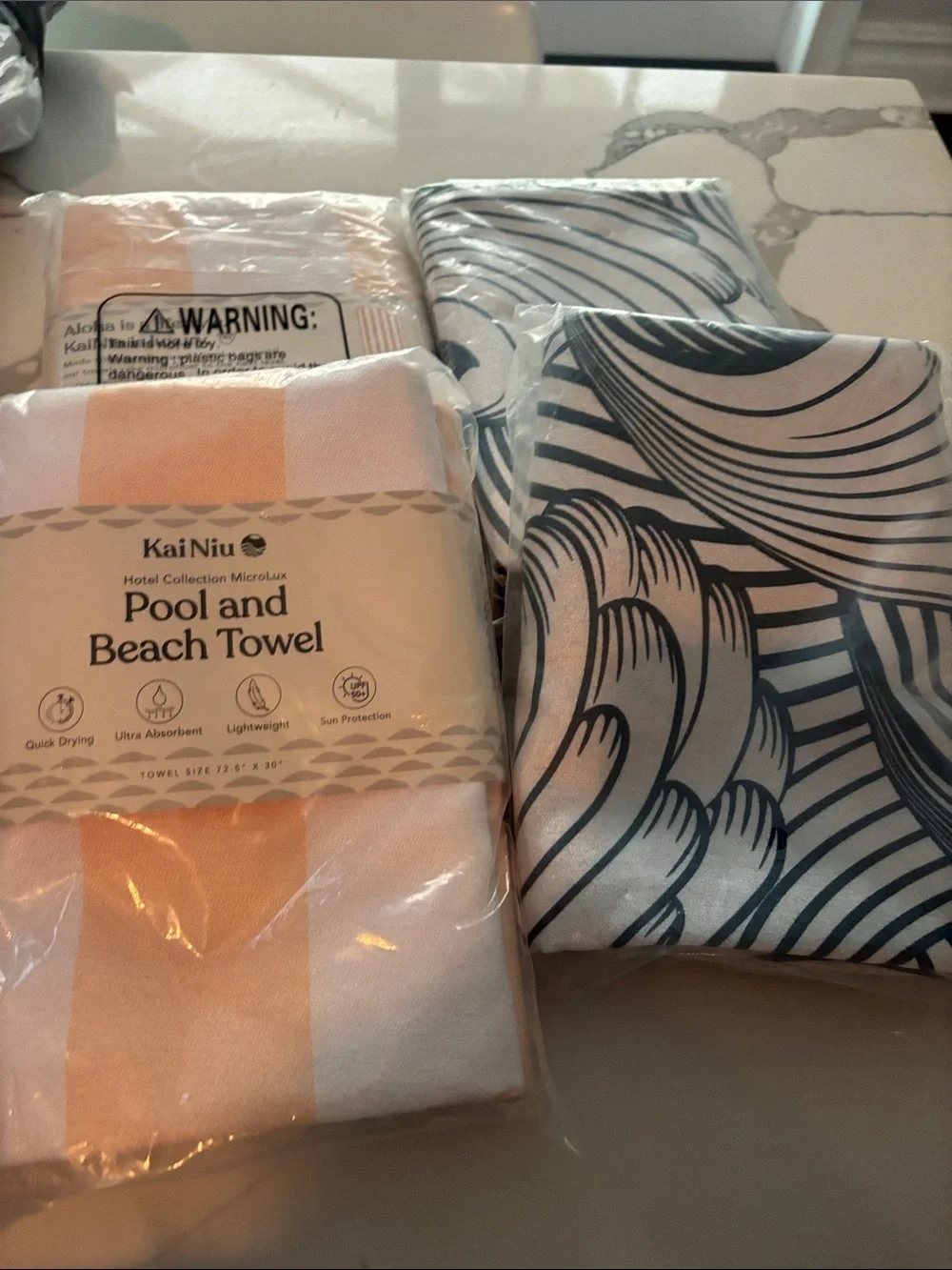 4 Pool and Beach Towel – White & Peach Stripe grey print  2 eaxh color